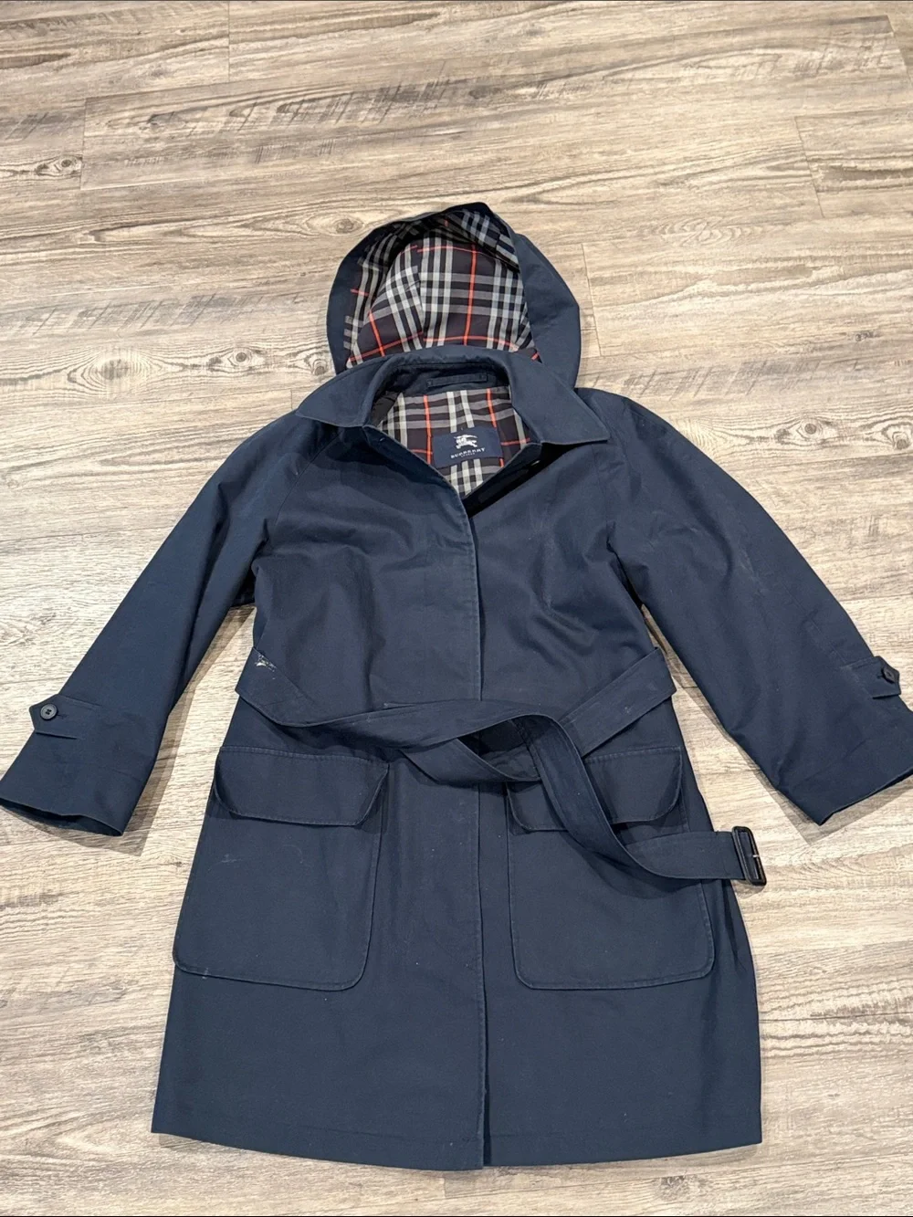 Burberry London Rain Jacket Trench Coat Removable Hood Belted Navy Women’s - Picture 8 of 14